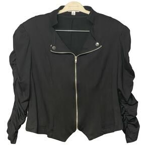 John Paul Richard black jacket moto ruched sleeves silver zip front size XL
